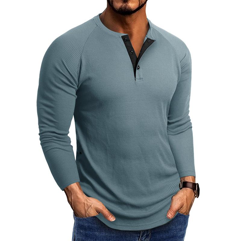 Men Casual Waffle Knit Henley Long Sleeve T Shirt