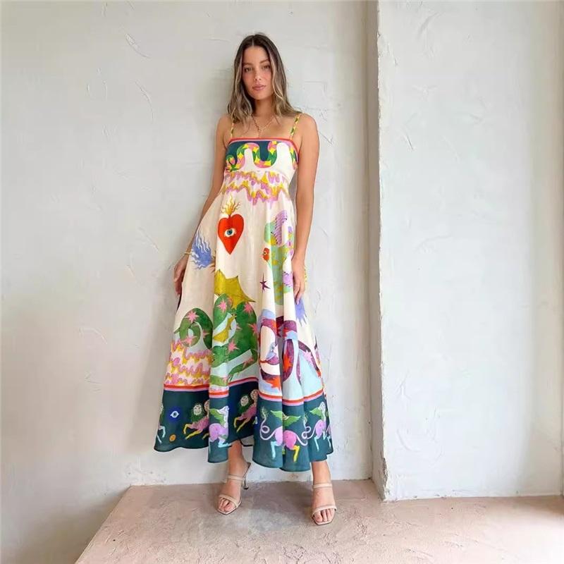 Women's Long Linen Printed Halter Dress 9 Colour Big Swing Dresses