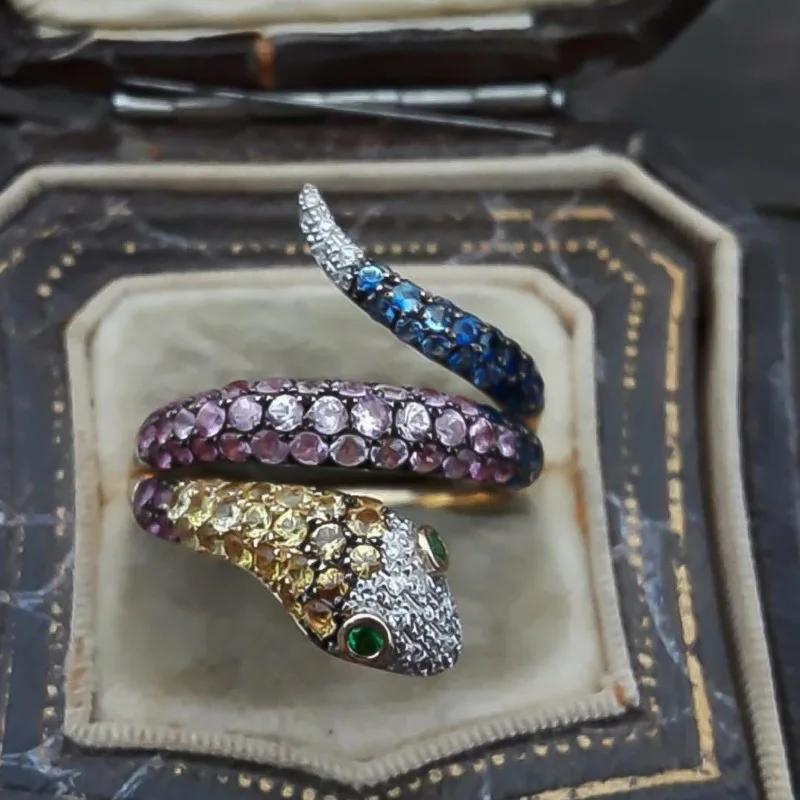 Bague de fiançailles Oeil en Cristal Arc-en-ciel Zircon Vert de Luxe Anneaux de mariage Forme Serpent Exagérée Punk pour Femmes Bijoux Bohème