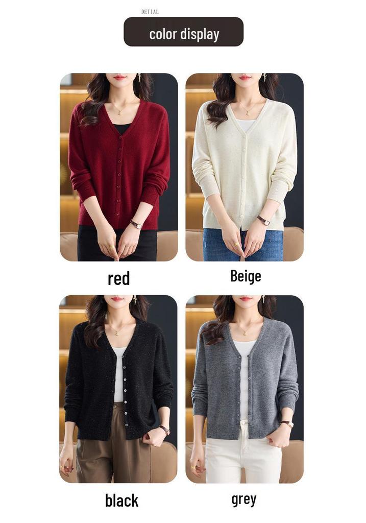 Women's V-Neck Pure Wool Cardigan Sweater - Solid Color, Long Sleeve, Trendy Casual Outerwear.
