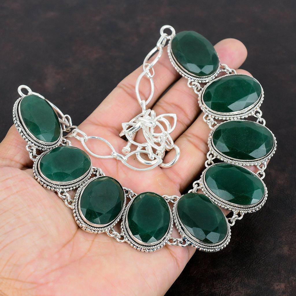 Fasetowany Naszyjnik ze Szmaragdu Zambijskiego Biżuteria z Kamieni Szlachetnych Srebro Próby 925 Regulowany Łańcuszek Ręcznie Robiony Naszyjnik Vintage Prezenty na Zaręczyny