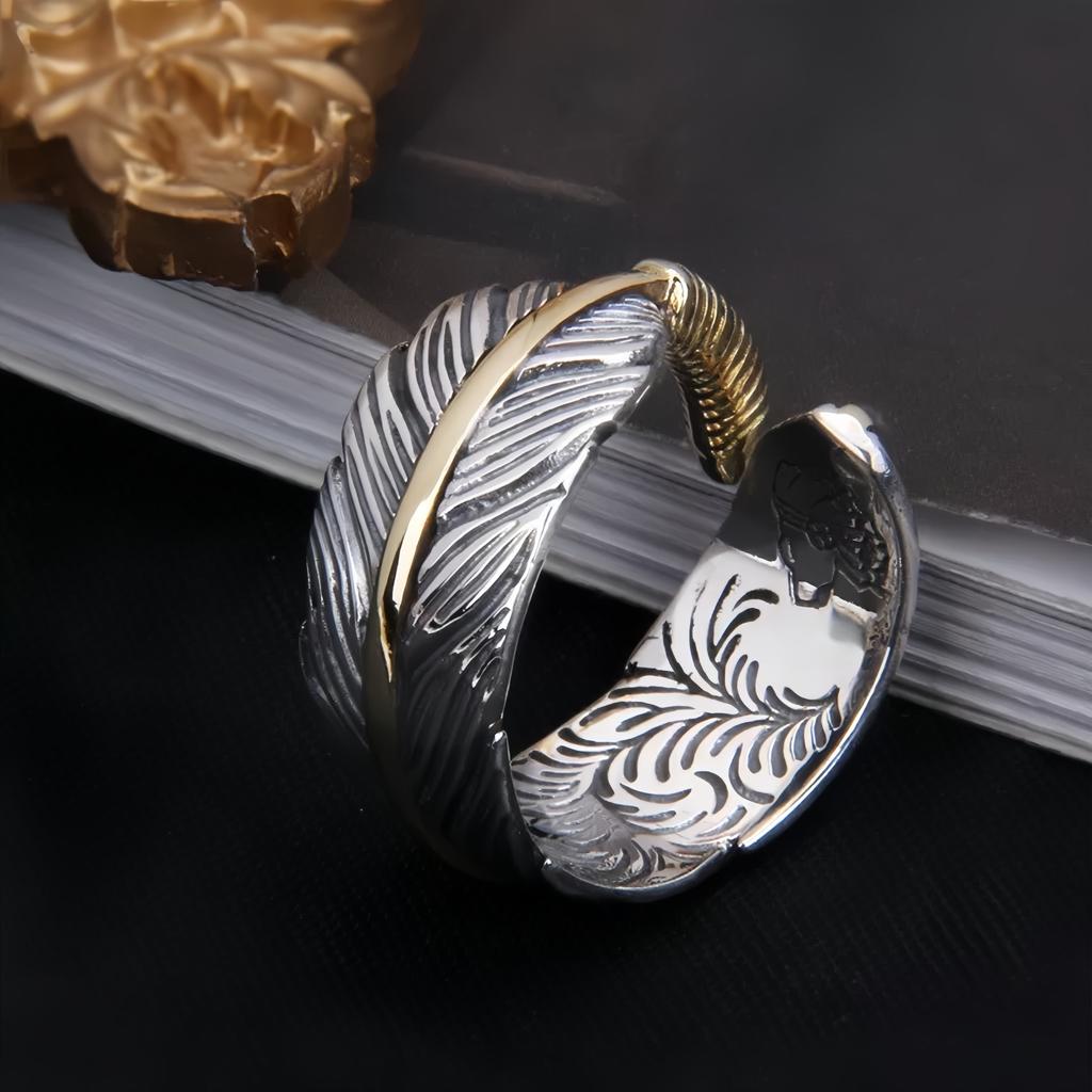 Retro Golden Feather Graffiti Adjustable Open Ring For Men Punk Gothic Edgy Copper Bikers Accessories Unisex Lovers Gift