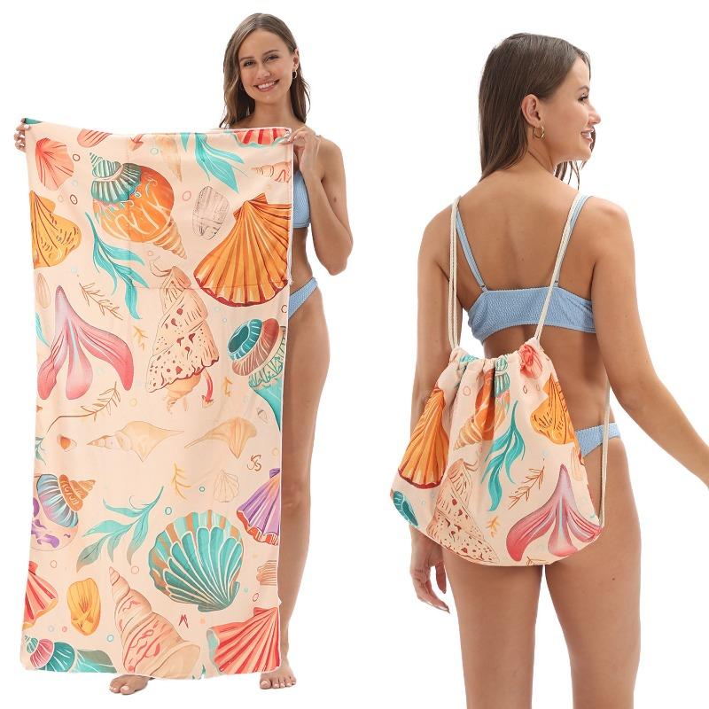 2-in-1 Foldable Beach Towel Backpack,Camping, Yoga and Travel, Absorbent Printed Bath Towel with Built-in Storage, Convertible Beach Mat Carry Bag,1pc