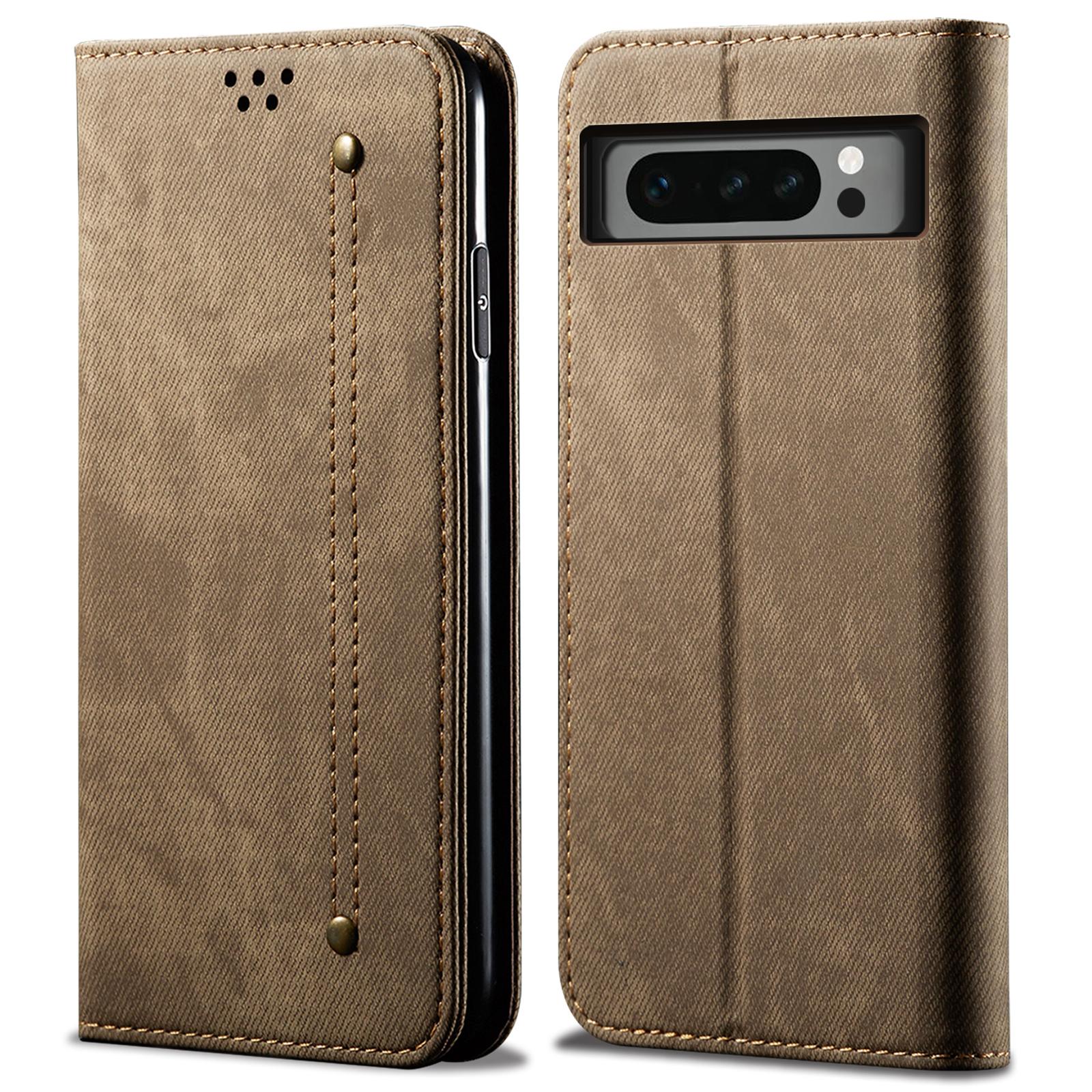 

For Google Pixel 8 Pro PU Leather Wallet Stand Case Jeans Cloth Texture Phone Cover Khaki
