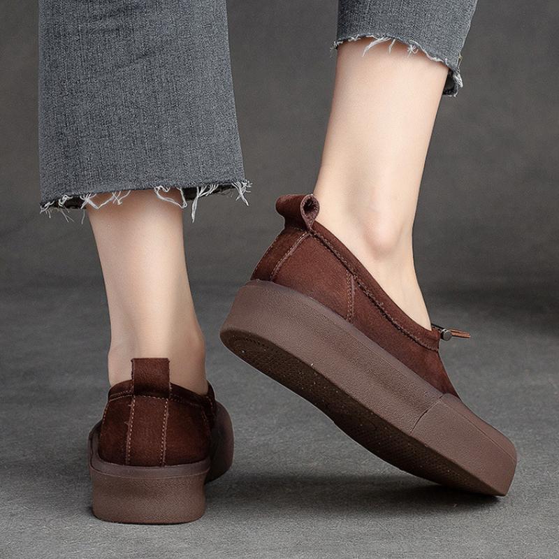 Johnature Retro originálna koža Dámske nazúvacie ploché topánky s okrúhlou špičkou a hrubou podrážkou Pohodlné topánky na platforme