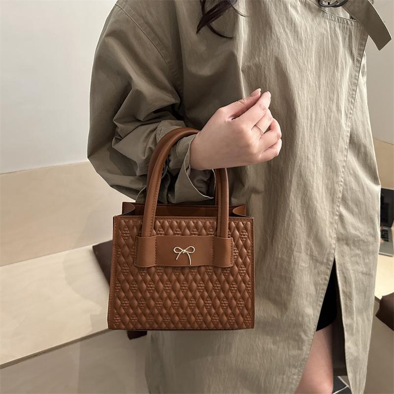 French Bow Pu Square Shoulder Bags for Women Simple Solid Color Ladies Crossbody Bag Versatile Portable Female Handbags Purse