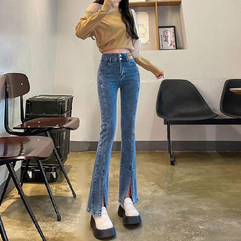 Korean Style High Waist Slit Jeans for Women - Autumn/Winter Slim Fit, Double Button, Elastic Flared Wide Leg Trousers