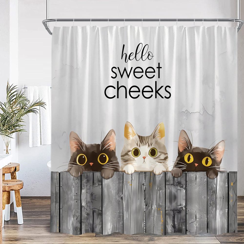 Cats Animal Print Shower Curtain Cartoon Cat Mushroom Hello Sweet Cheeks Modern Polyester Fabric Bathroom Decor Curtain Cloth