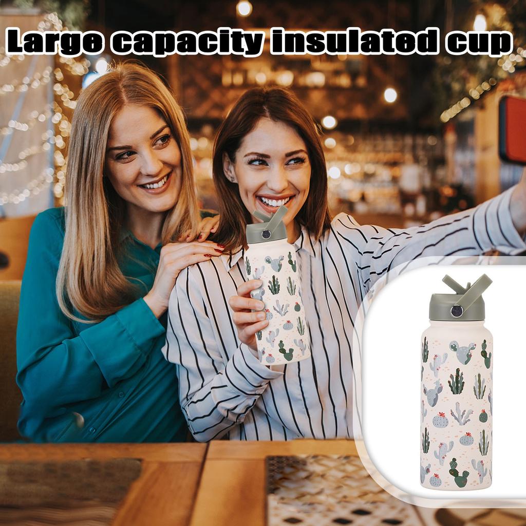 Sports Kettle Stainless Steel 1L Large Capacity Printed Large Mouth Insulated Cup Portable Handle Straw Water Cup