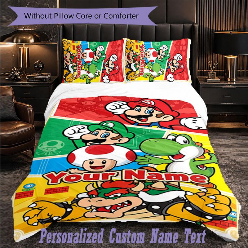 Personalized 3Pcs Bedding SetSuper Mario Custom Text Duvet Cover Pillowcase Set Bedroom Gift