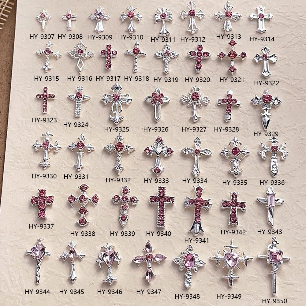 Pink Rhinestone Cross Nail Art Decorations: Multiple Styles of Wearable Metal Nail Accessories
