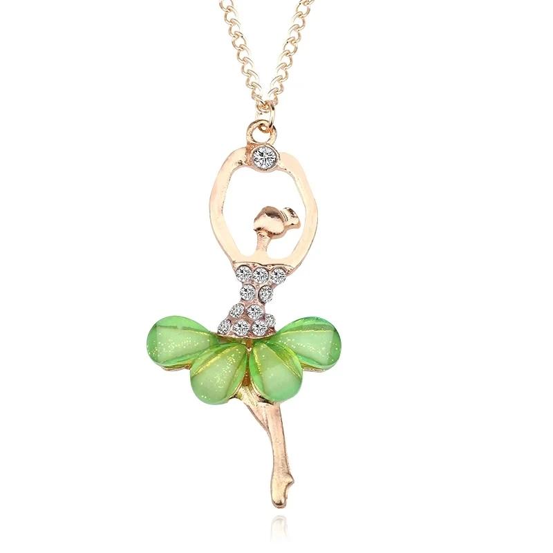 Exquisite Ballet Girl Necklace Elegant Sparkling Fairy Pendant Collarbone Chain Party Fashion Jewelry Accessories Christmas Gift зелёный