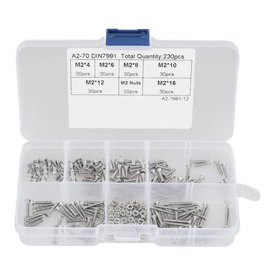 230-teiliges M2 304 Edelstahl Flachkopfschrauben-Muttern-Sortiment mit Box