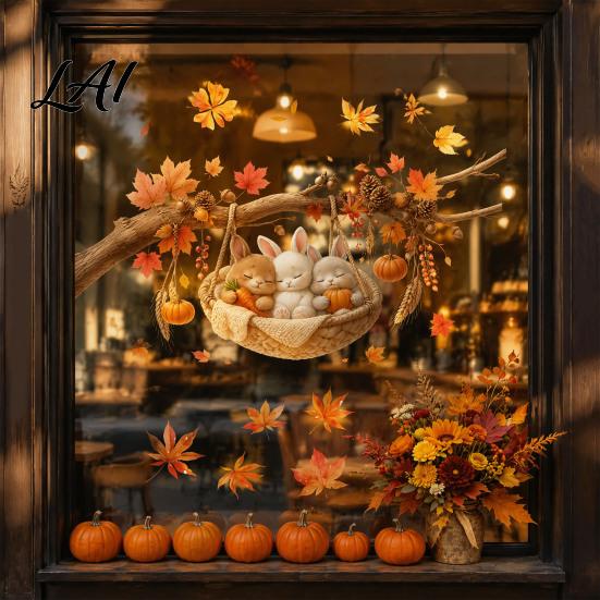 Autumn Window Clings 2Pcs Fall Maple Leaves Animals Static Stickers Squirrel/Hedgehog/Rabbit/Raccoon Glass Home Ornament PVC Waterproof for