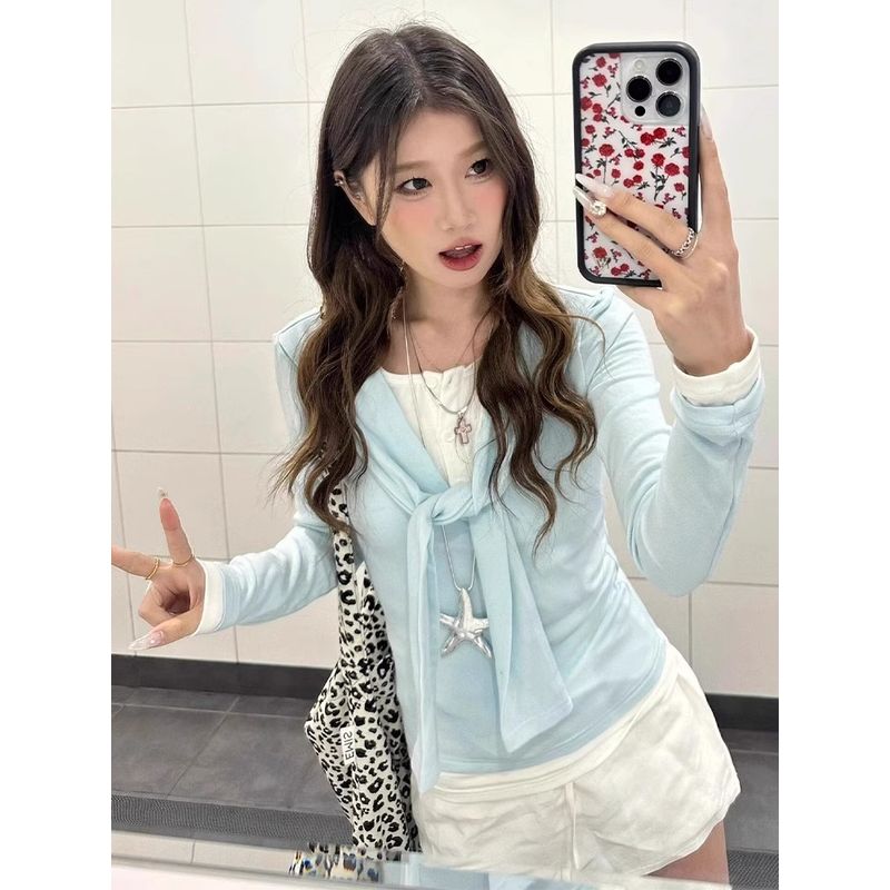 

Korean Series Blue Lace up Fake Two Pieces Long sleeves Shirt Women Spring 2025 New Slim fit Slimming Unique Chic Top Blue Quality Edition S