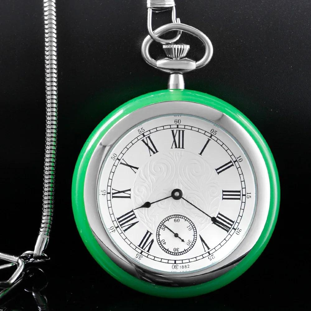 Luxury Top Brand Mechanical Wind Pocket Watch Up Green Jade&Stainless Steel Pouch Fob Watch Christmas  Birthday Collection Gift