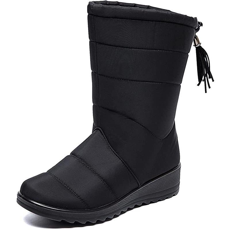 Women's Winter Fur One Padded Waterproof Fabric Cozy Side Zipper Warm Anti-cold Lightweight Hiking Waterproof Anti-slip Tall Snow Boots Martin Boots