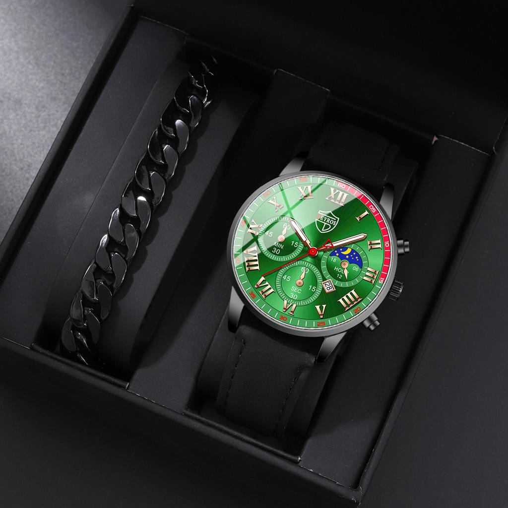 2PCS Set DEYROS Fashion Student Watch Business Men leather Strap Calendar Watch New Men Quartz Watch&Bracelet Men Gift