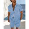 Men S Summer Thin Short Sleeve Cuban Collar Shirt And Shorts Casual Two Piece Set