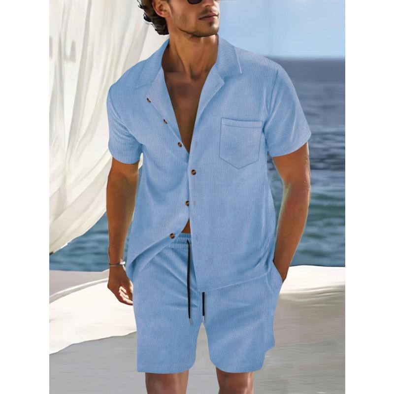 Men S Summer Thin Short Sleeve Cuban Collar Shirt And Shorts Casual Two Piece Set