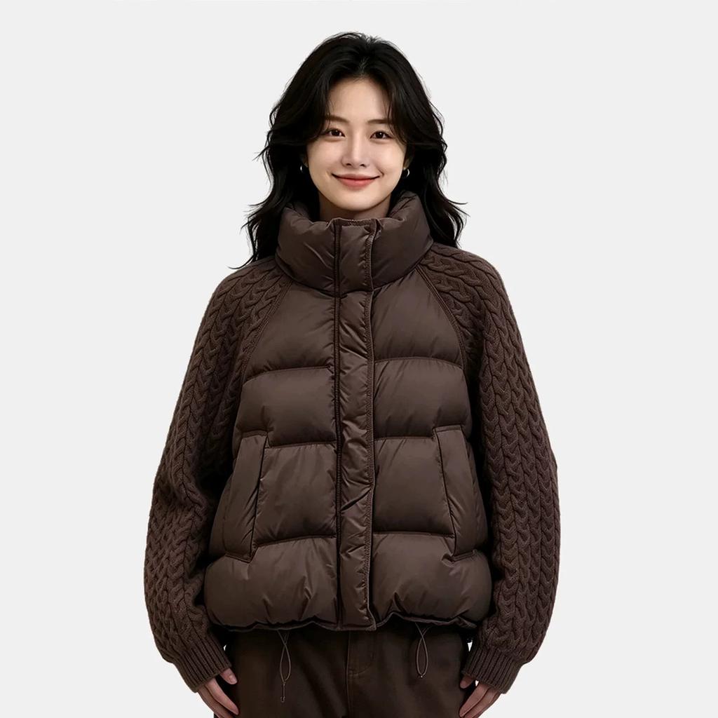 European and American knitted sleeves splicing down jackets women's short winter fashion stand-up collar warm white duck down tops are popular