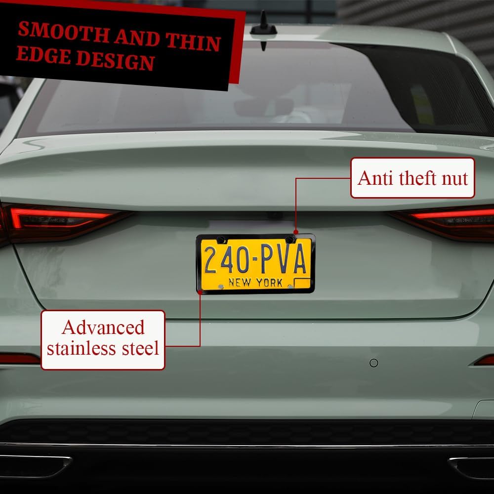 2PCS Matte Black License Plate Frames, License Plate Holder, 2 Holes Car Licence Plate Covers with Screws Washers and Caps, Universal Car Accessories