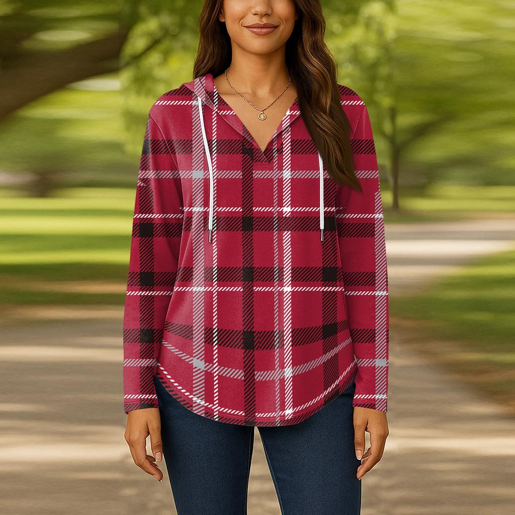 Damenmode Kapuzenpullover V-Ausschnitt Langarm Geblümter Kordelzug Lässig Locker Pullover Tops