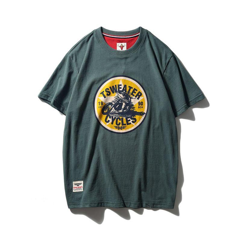 Export Export to Domestic Motorcycle Pure Cotton Short Sleeve T-Shirt Men Trendy American Retro Base Export Cotton T-shirt Dark green L
