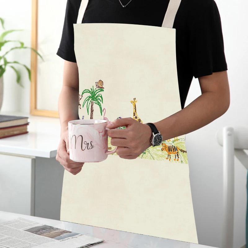 Cute Animal Style Kitchen Aprons Adult Kids Sleeveless Linen Cooking Aprons Cartoon Fox Giraffe Rabbit Pattern Baking Aprons