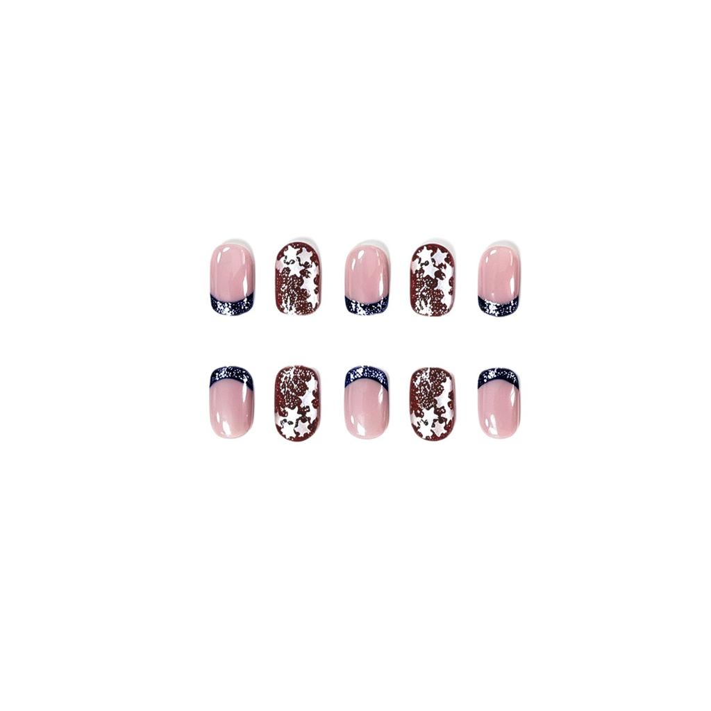 24 Pieces Of Simple Dark Blue French Star Glitter Wearing Nail Short Square European And American Nail Art Fake Nail Sticker