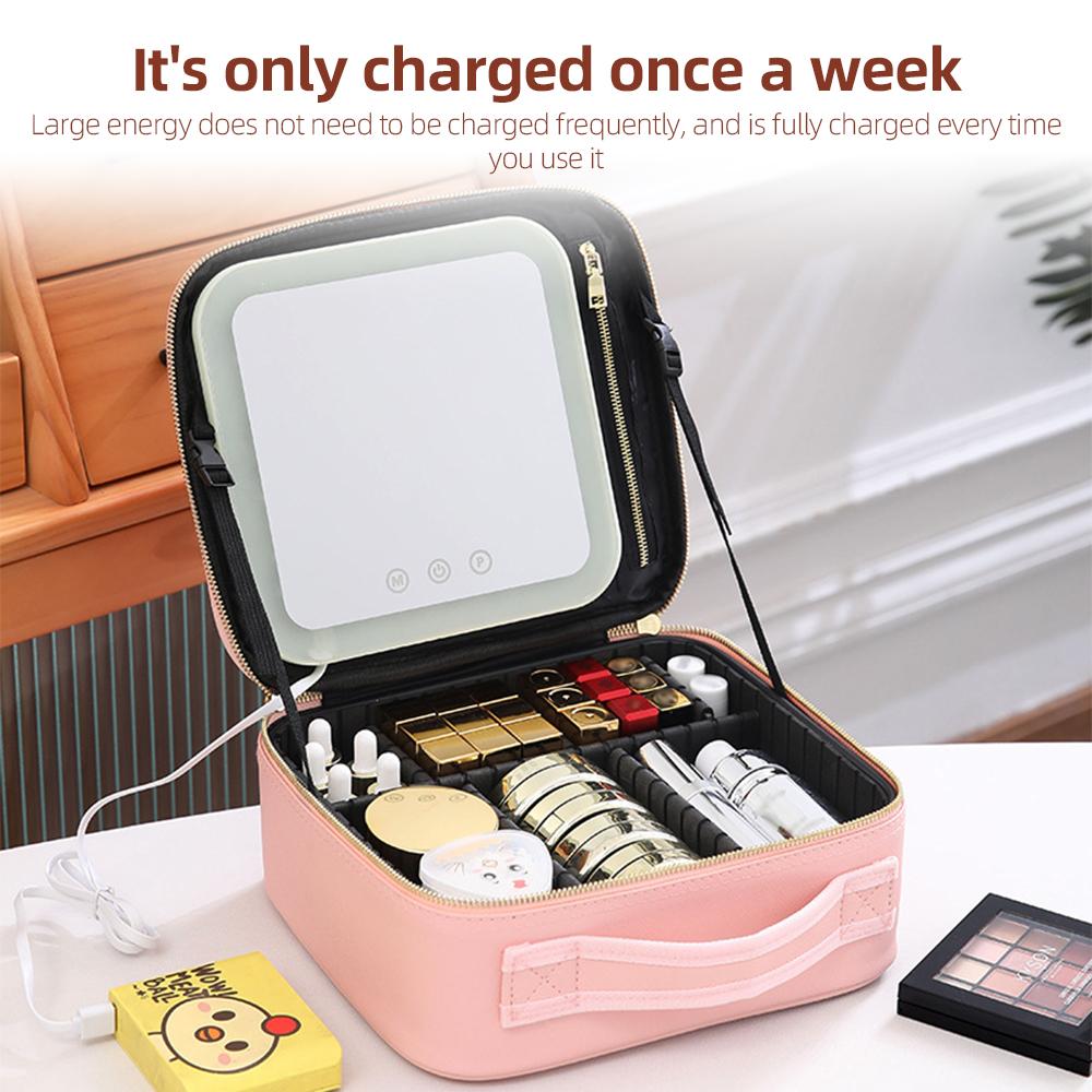 Travel Makeup Train Case with Mirror LED Light Adjustable Brightness Large Capacity Cosmetic Bag