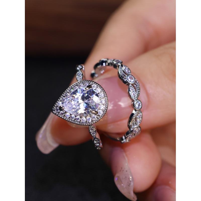 Wish new product explosion niche luxury shining platinum water drop white diamond micro inlaid white diamond ring woman no. 6
