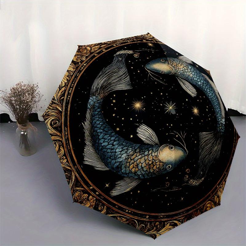 Golden Pisces Zodiac Sign Decorative PlateUmbrella, Portable 3-Fold Compact Umbrella for Men & Women Gift
