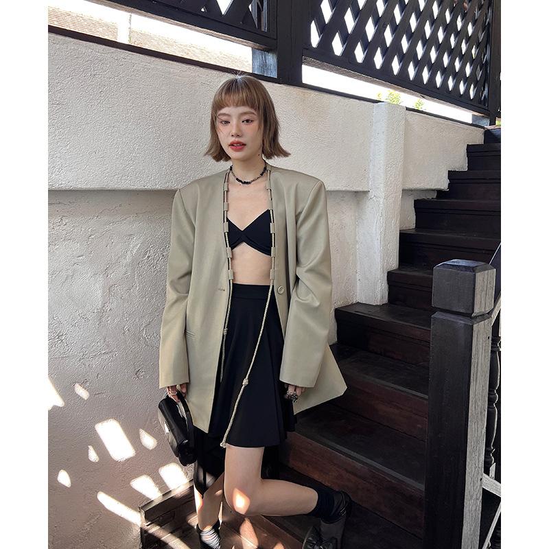 

Повседневный блейзер с V-образным вырезом в корейском стиле для женщин на осень S зелёный