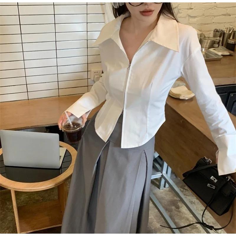 Elegant Women's White Irregular Zipper Shirt Long Sleeve Blouse Asymmetric Hem Slim Fit Short Casual Fashion Lapel Spring Autumn Tops