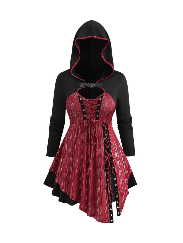 Tricou Rosegal Plus Size cu glugă asimetrică, cu cataramă strălucitoare și șireturi