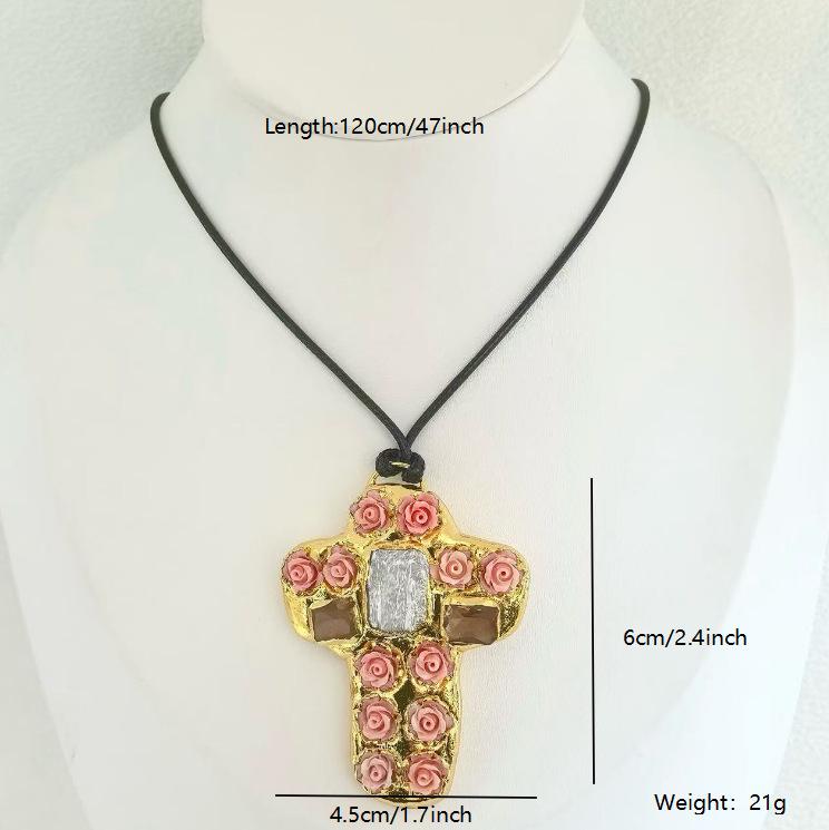 

Hot Sale Vintage Shell Clay Rose Resin Plated K Gold Cross Necklace