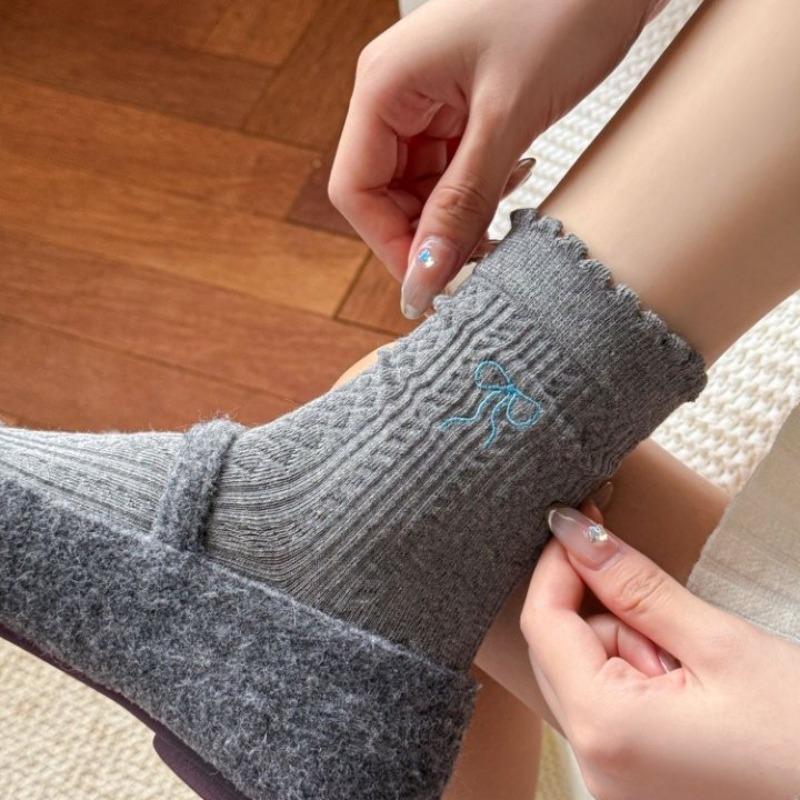 Autumn Socks, Bow Embroidery, Solid Color Lace, Pile Socks, Cotton Mid-calf Socks for Women