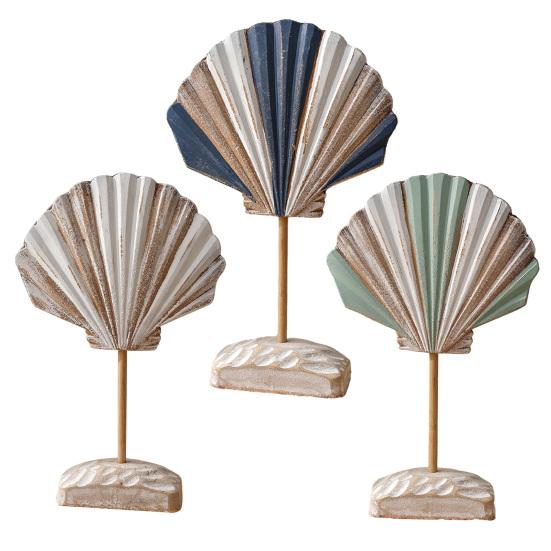 Summer Wooden Shell Ornament with Base Handmade Coastal Seashell Shape Figurine Beach Ocean Tabletop Centerpiece for Living Room Bathroom