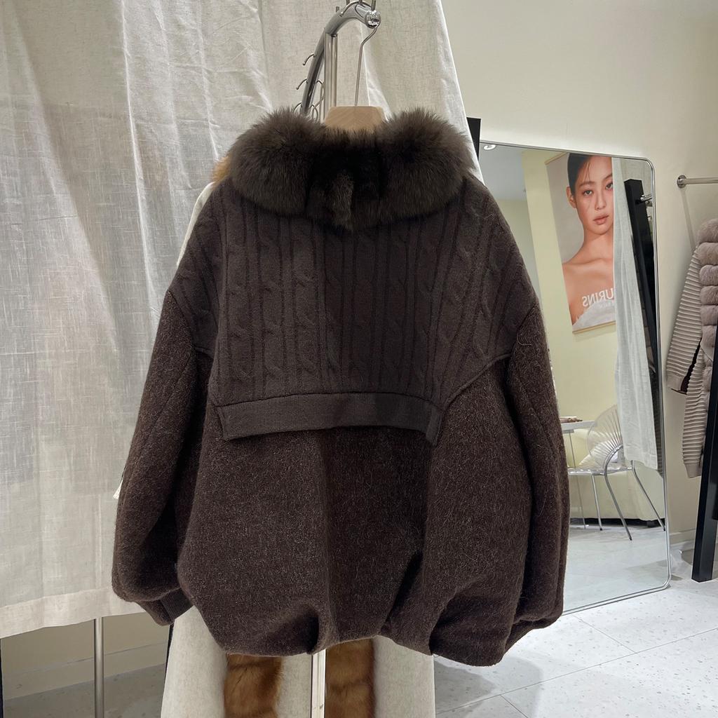 Winter new fox fur collar splicing knitted down jacket women's short thickened warm woolen fur jacket