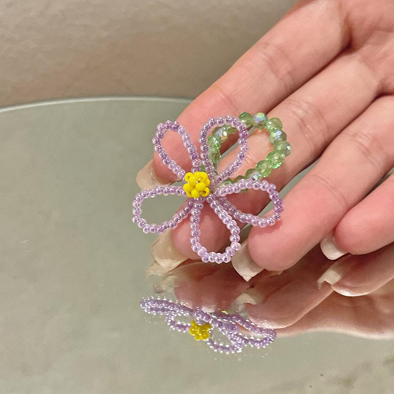 Crystal Handmade Beaded Flower Ring High Sense Simple Sweet Dopamine Ring Fashion Versatile Index Finger Ring Women