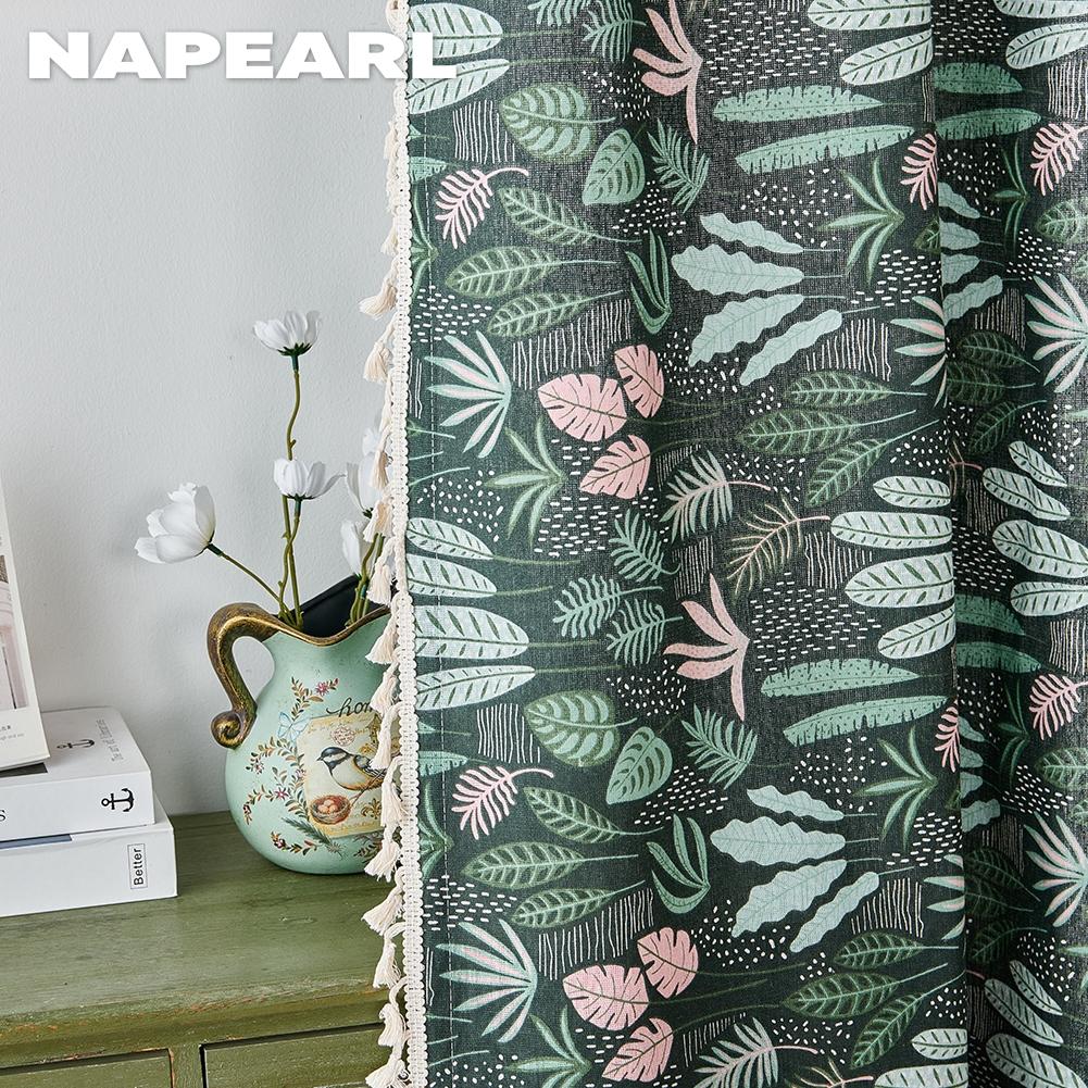 1PC NAPEARL Semi Blackout Curtain with Green Water Grass Pattern and Flowing Edge Curtain for Small Window Kitchen Bedroom Living Room Home Decor