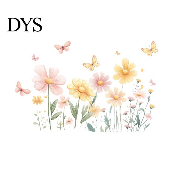 Natural Wood Bedroom Wall Accents 2Pcs Watercolor Flowers Sticker, PVC Waterproof Floral Decal with Butterflies, Removable Butterfly Decals Art Decor,