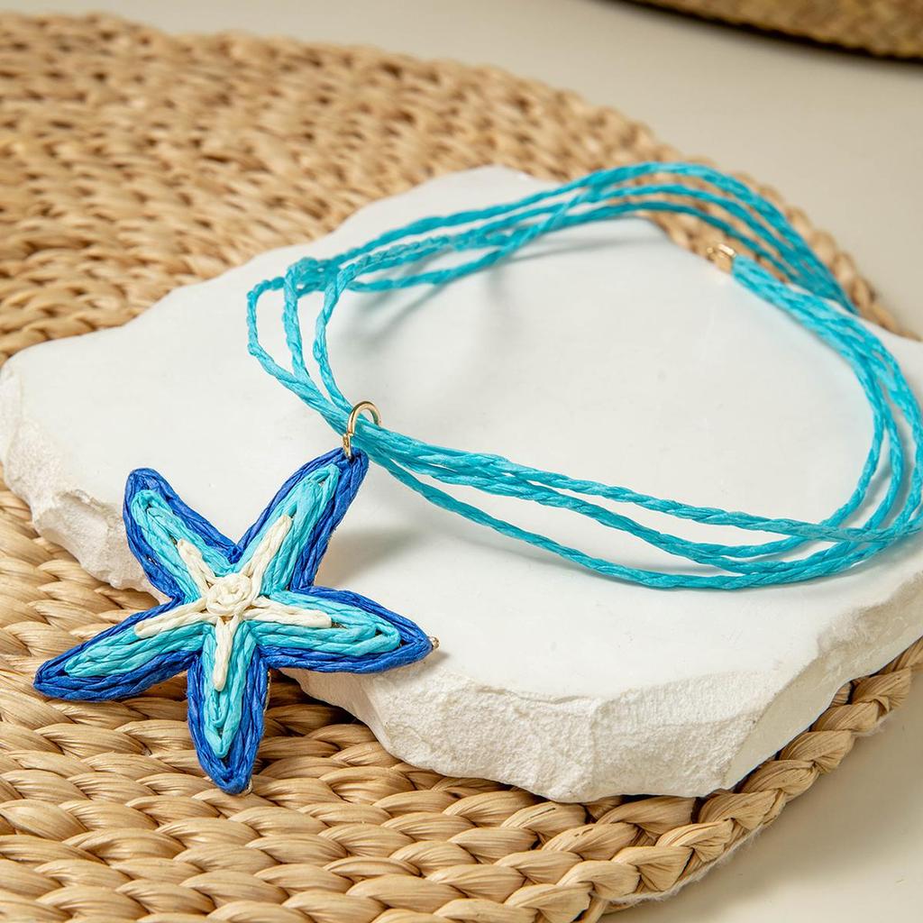 Cross Border Bohemian Style Blue Lafite grass starfish pendant necklace Women Jewelry Beach Style Fake Dopamine Necklace