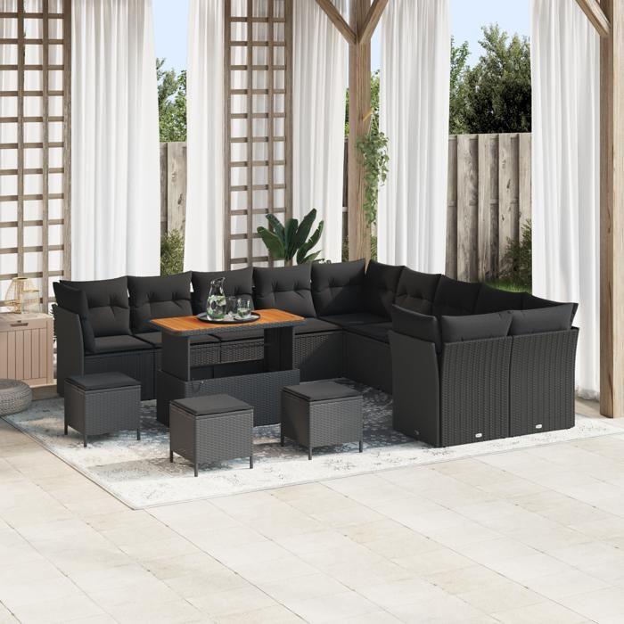 Ensemble de Canapés de Jardin de 14 pièces avec Coussins Noir Poly Rattan Acacia, Ensemble de Dîner de Jardin de 4 pièces 3361549