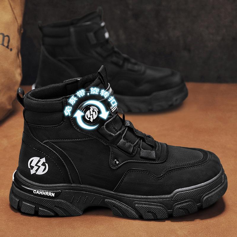 Men's Shoes 2025 Autumn and Winter New Leather Surface Rotating Buckle Tooling Shoes Outdoor Men's Non-slip Thick-soled High-top Casual Shoes
