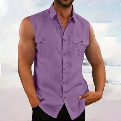 Men's Summer Solid Color Simple Sleeveless Lapel T Shirt Beach Casual Personality Shirt