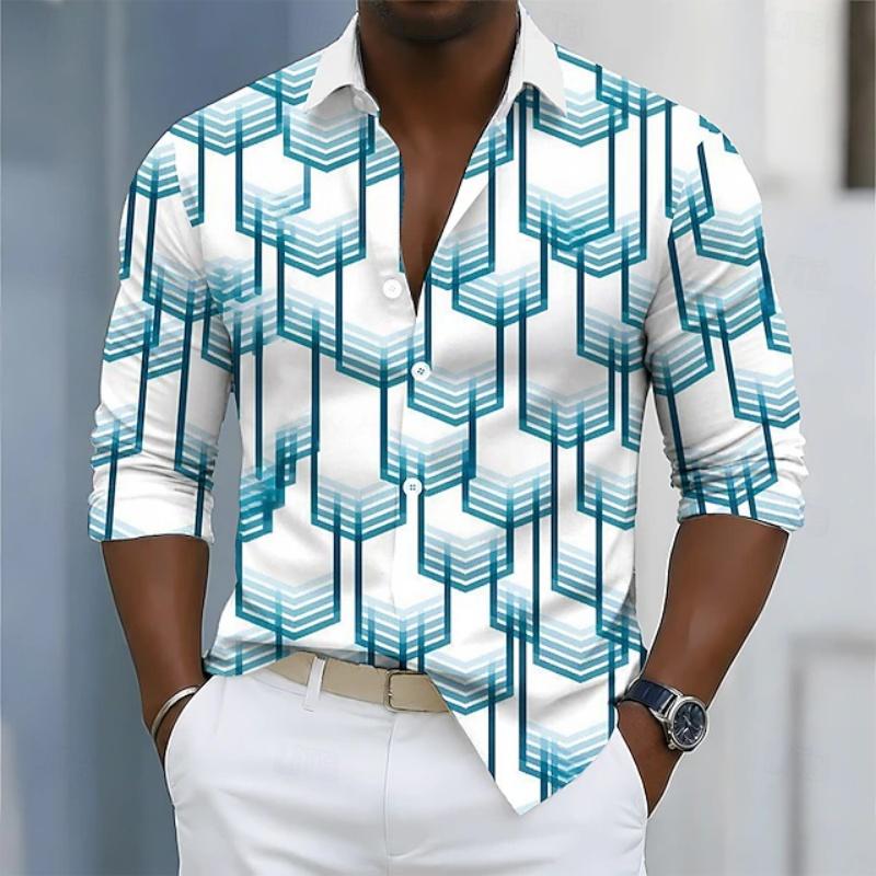 Men's Blue Blue Three Dimensional Hexagonal Geometric Printed Long Sleeve Shirt Modern Gradient Line Collar Business Casual Top