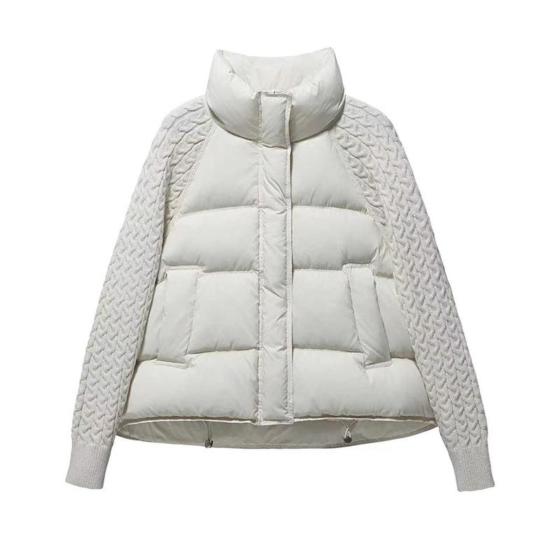 European and American knitted sleeves splicing down jackets women's short winter fashion stand-up collar warm white duck down tops are popular