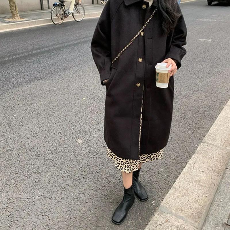 Jachetă lungă, neagră, caise, pentru femei, groasă de iarnă, în stil coreean, catifea, de lungime medie, de lână, jachetă solidă pentru damă de birou